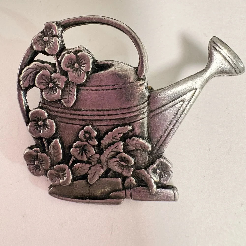 Vintage 1983 Vintage Pewter Floral Watering Can Brooch